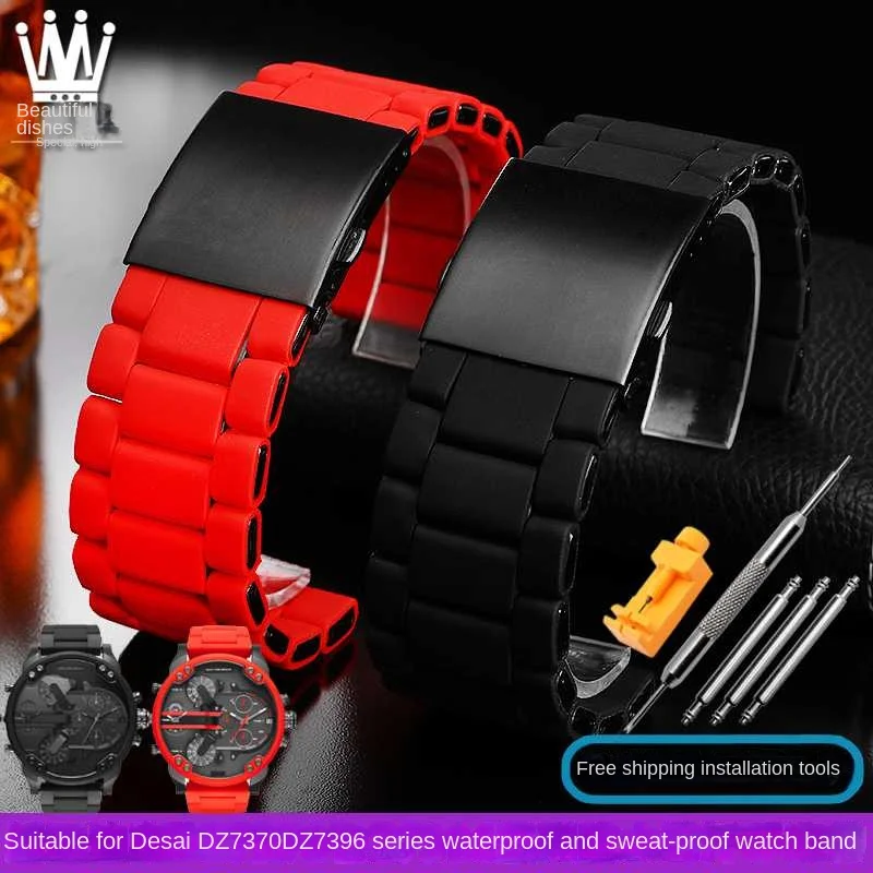 

24mm 26mm 28mm Silicone Clad Stainless Steel Watch Band For Diesel DZ7370 DZ7430 DZ7396 DZ4318 DZ4289 Red Black Strap Bracelet
