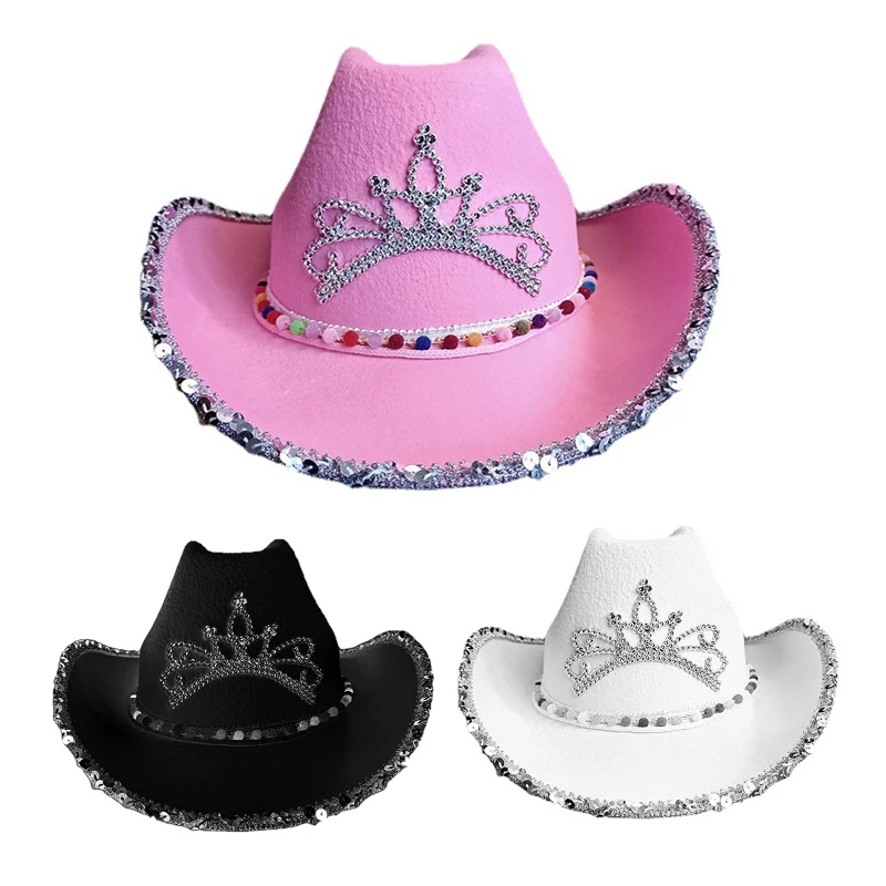 

Shinning Rhinestone Crown Fedora Hat for Women Men Western Style Cowboy Hat with Sequins Brim Western Jazz Felt Cap