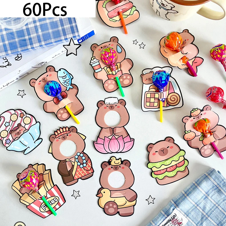 60 Teile/satz Cartoon Tier Capybara Thema Lutscher Halter Karten DIY Süßigkeiten Verpackung Karten für Kinder Geburtstag Baby Shower Party Decor