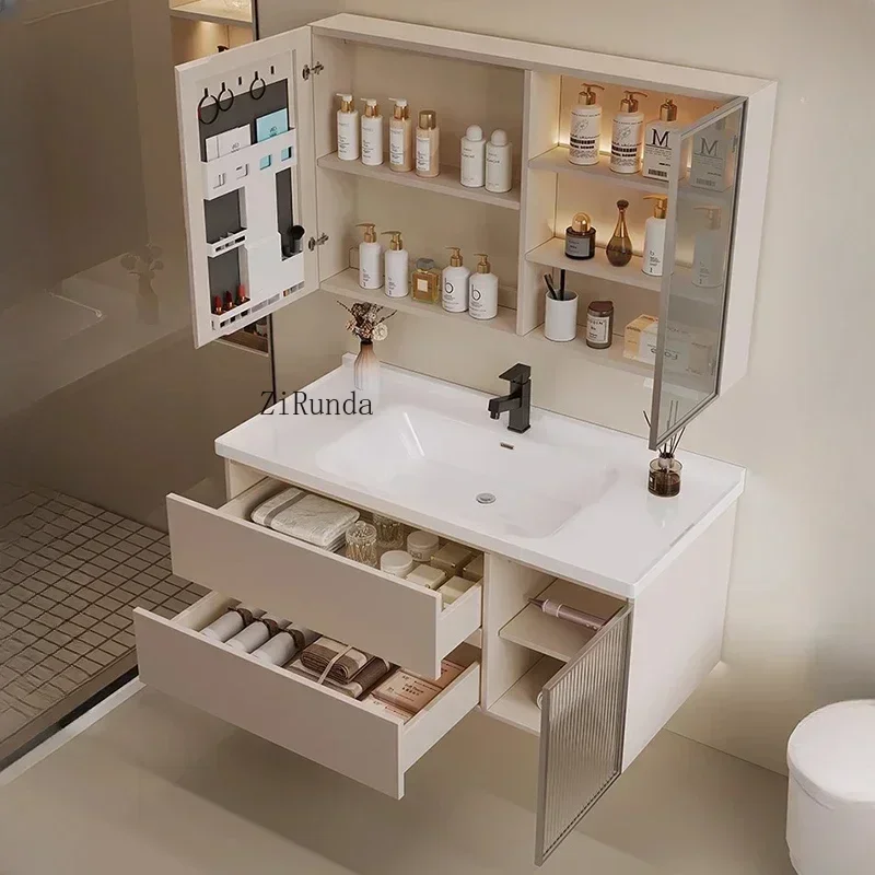 Nordic Luxury Cream Style Smart Bathroom Cabinets Wall-mounted Storage Fog Removal Vanity Combo Fashion Simple Furniture FYBC