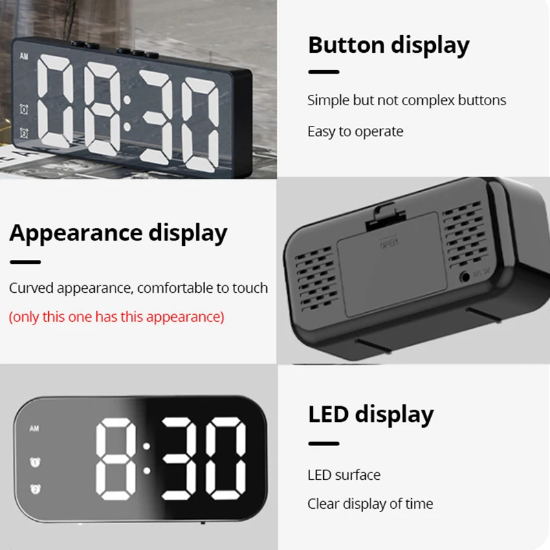 Sleek LED Mirror Digital Alarm Clock with Snooze Function