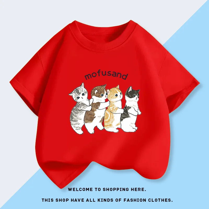 모푸산드 여아 고양이털 반팔 티셔츠 - 여름 순면 신상 트렌디 여름옷 아동용 상의