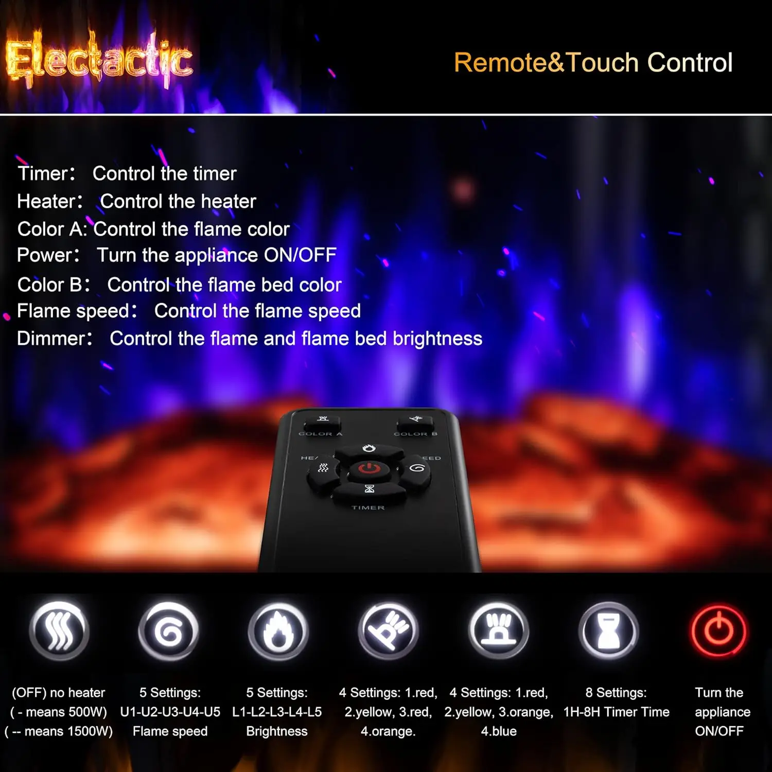 24Inch Electric Fireplace Stove Free-Standing Infrared Fireplace Stove Controllable 3D Flame 4 Variable Flame&Log Colors 4