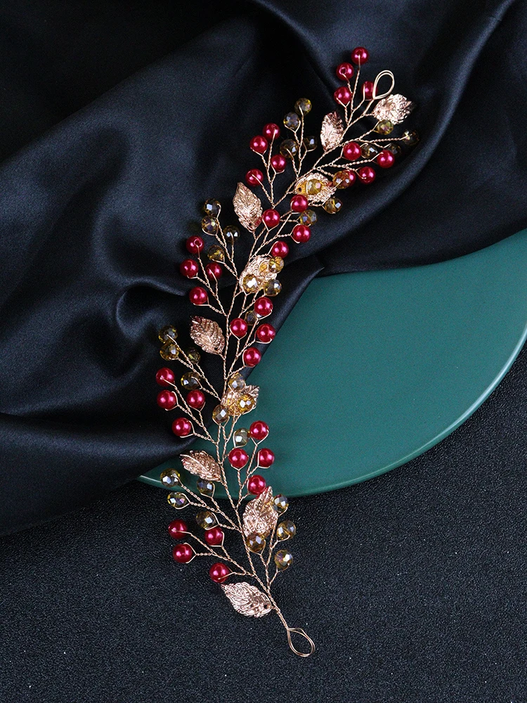 Red Pearl Crystal Headbands Ethnic Women Headpieces Bridesmaid Hair Accessories Gift Guest Wedding Headdress Bridal Hair Vine
