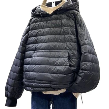 여성용 면 풀오버 후드 패딩 재킷, 경량 루즈 스트리트웨어, 패커블 다운 재킷, 따뜻한 퀼트 푸퍼 코트