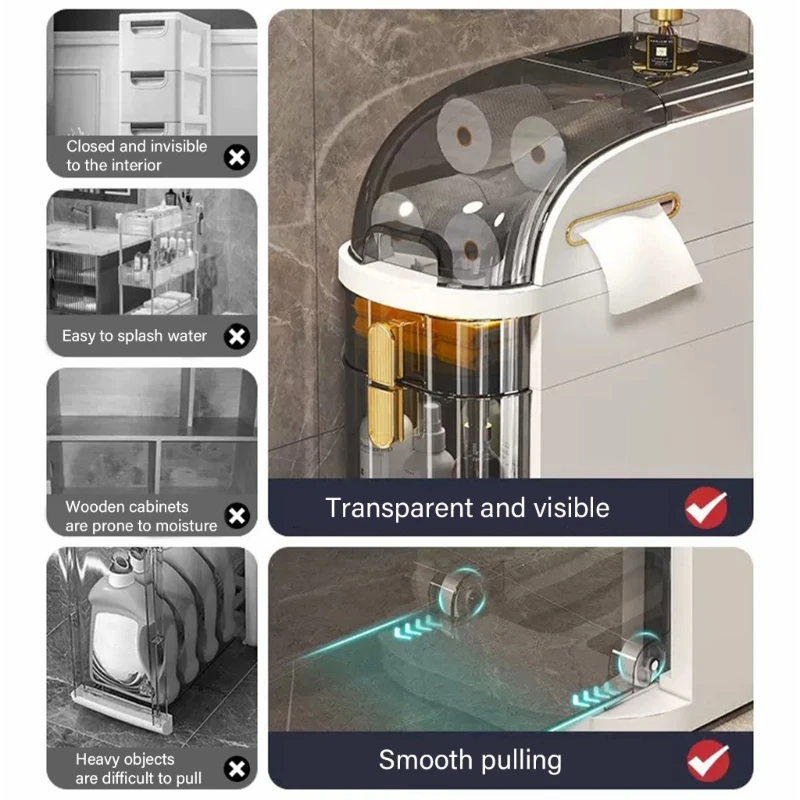 

Удобный шкаф для хранения с 4 ящиками и колесиками. Элегантный шкафчик с щелевой полкой. Эффективные принадлежности для ванной