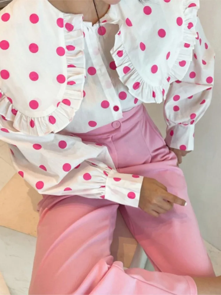 Chic Polka Dot Turn Down Collar Women Blouse Franch Woman Tops Sweet Single Breasted Lanren Sleeve Loose Fashion Shirts 2024 New