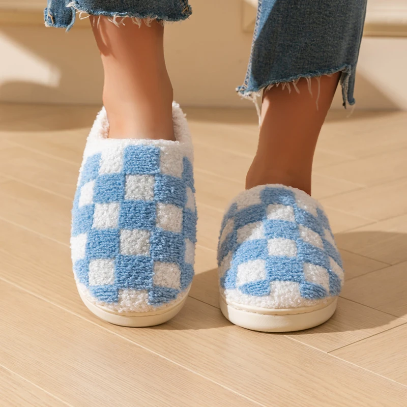 Non Slip Slippers Fashion Men Winter Plush Warm Plaid Slippers Thick Soft Slides Indoor Bedroom Flat Home Non-slip Shoes for Couples in Winter