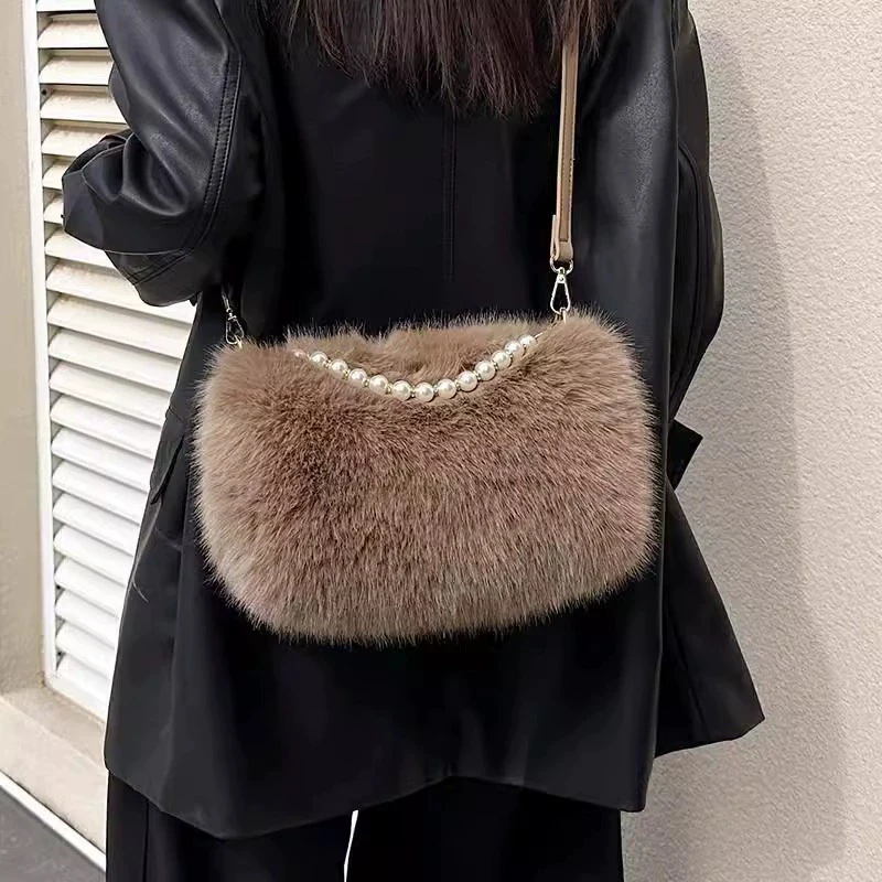 Winter Fashion Women's Faux Fur Shoulder Bags Candy Color Pearl Handle Ladies Crossbody Bag Small Fluffy Female Handbags Purses