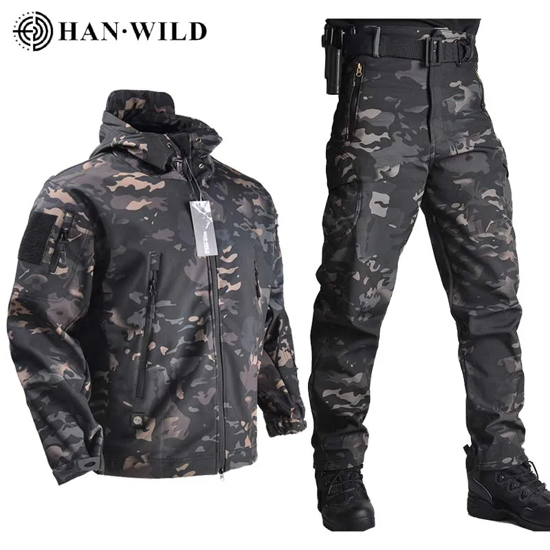 Softshell Jackets Combat Jacket + Pants Tactical Suits Fleece Windproof Hunting Flight Pilot Set Field Men Clothing