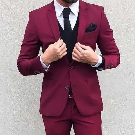 

Burgundy Wedding Suits For Men Slim Fit 3 Piece Groom Tuxedo Prom Party Jacket Tailored Blazer Sets Terno Masculino Traje Hombre