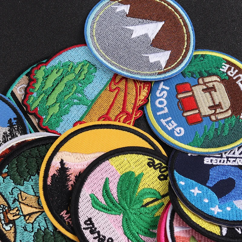 Wilderness Camping Scenery Patches Badges Embroidery Patch Applique Ironing Clothing Sewing Supplies Decorative circular flower patch stickers,camping patches
