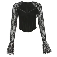 Chemise à manches longues en dentelle pour filles, douce et épicée, Design Sensation, coupe cintrée, haut court ajouré, chemise de Base transparente 5