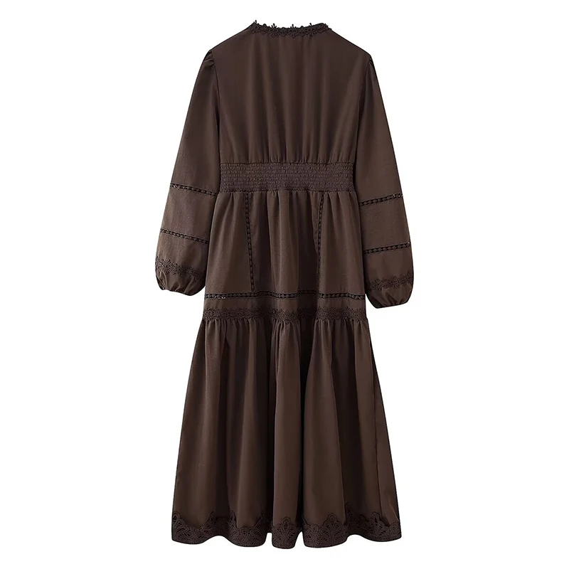chinese dress ladies Notch Neck Long Sleeve Tiered Ruffle Solid Maxi Dress