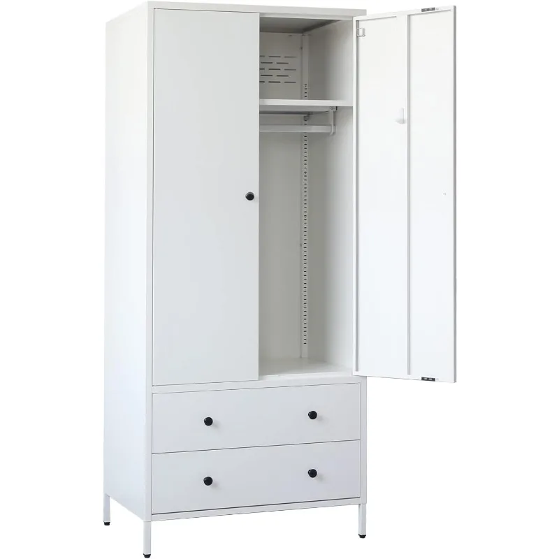 

CJF Metal Storage Wardrobe with Hanging Rod, Armoire with 2 Doors and 2 Drawers，Steel Wardrobe Closet