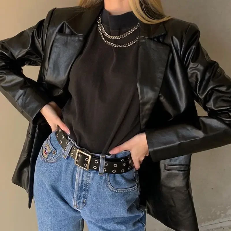 Black Pu Leather Jacket Zipper Button Pocket Coat Female Long Sleeves Casual Outerwear Women Autumn Winter Fashion y2k Jacket
