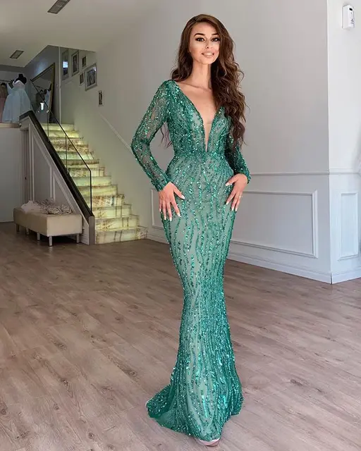 Rukevwe Sequin Long Sleeve Mermaid Gown