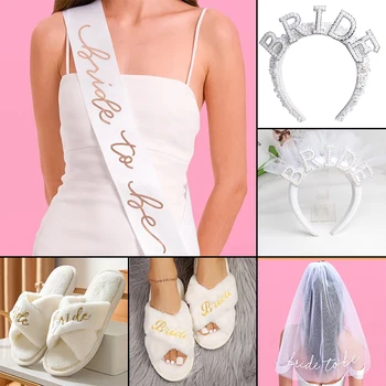 Set Decorazioni per Festa Sposa, Coroncina con Perline Bianche, Fascia in Raso, Velo da Sposa, Accessori per Addio al Nubilato