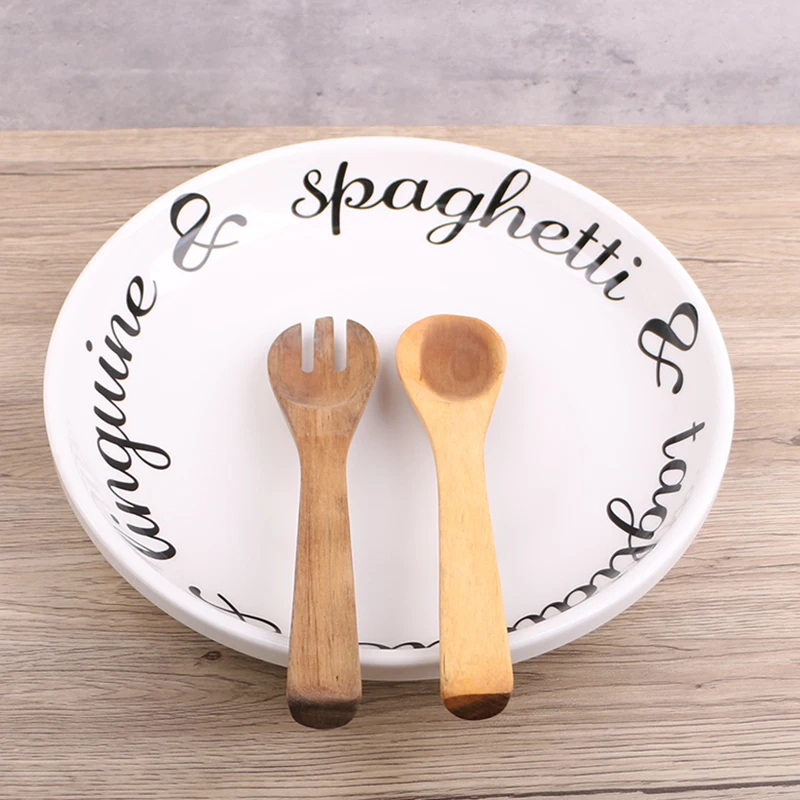 Unique 12.6 Inches Large Ceramic Plate Salad Soup Plate with Letter Pattern Design Includes Premium Acacia Wood Fork and Spoon