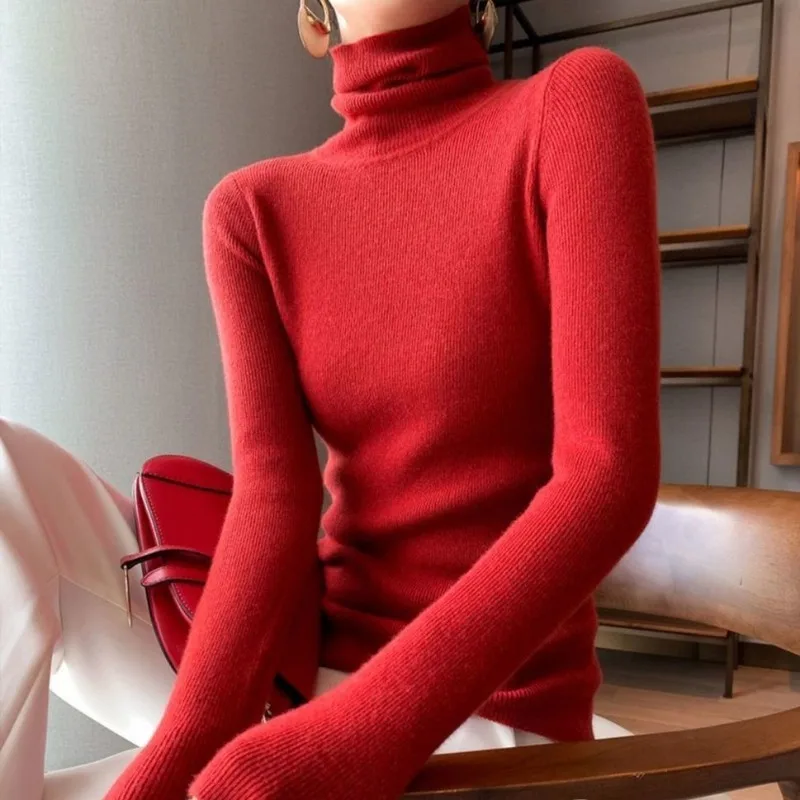 New Retro Turtleneck Women's Long-sleeved Sweater Fall casual Fashion Solid Color Knitwear Slim Bottoming Shirt
