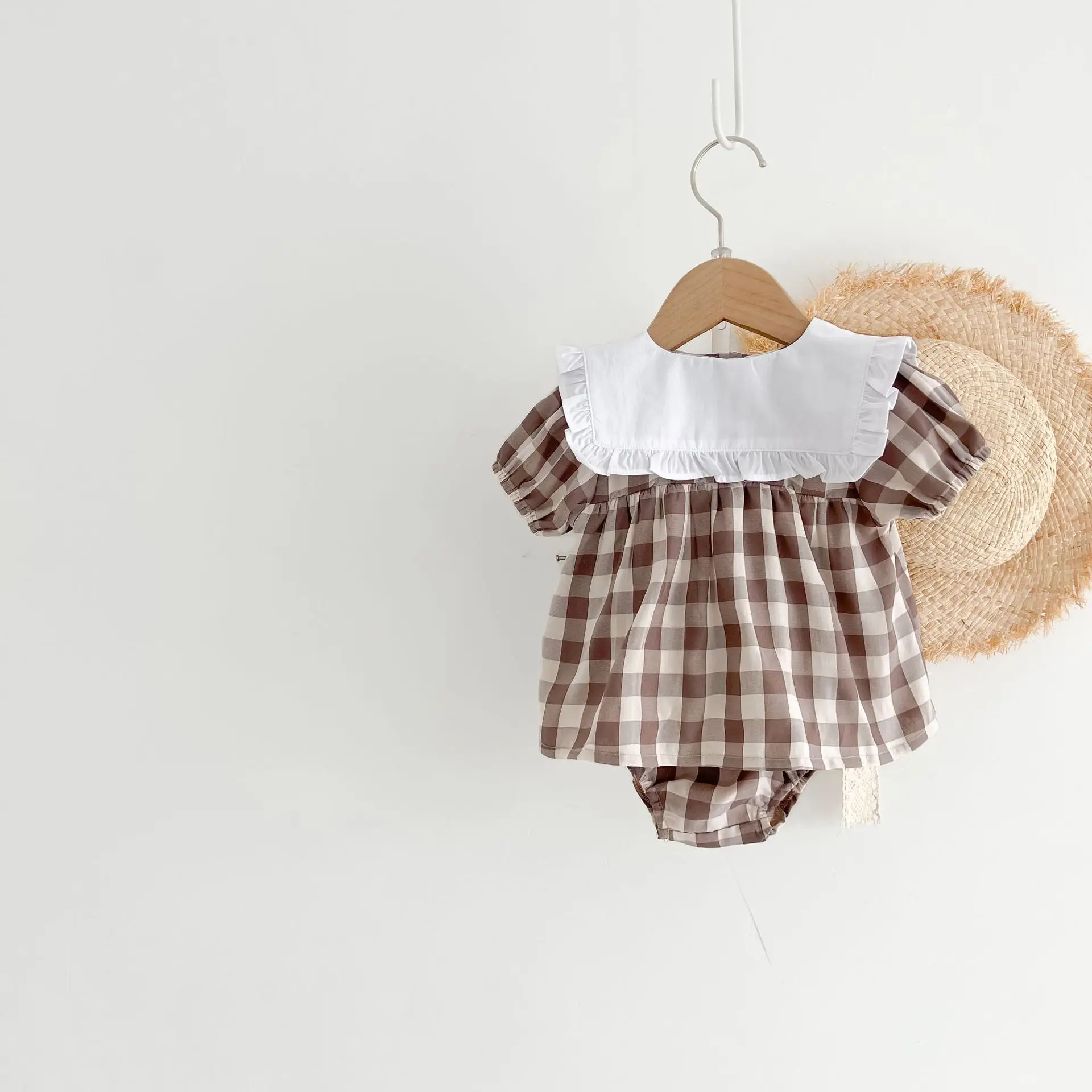 baby knitted clothing set 1711C Baby Clothing Set Plaid Girl's Suit 2022 Summer Cotton Plaid Lapel Girl's Two Piece Clothes Short Sleeve Top +Bread Pants baby outfit matching set
