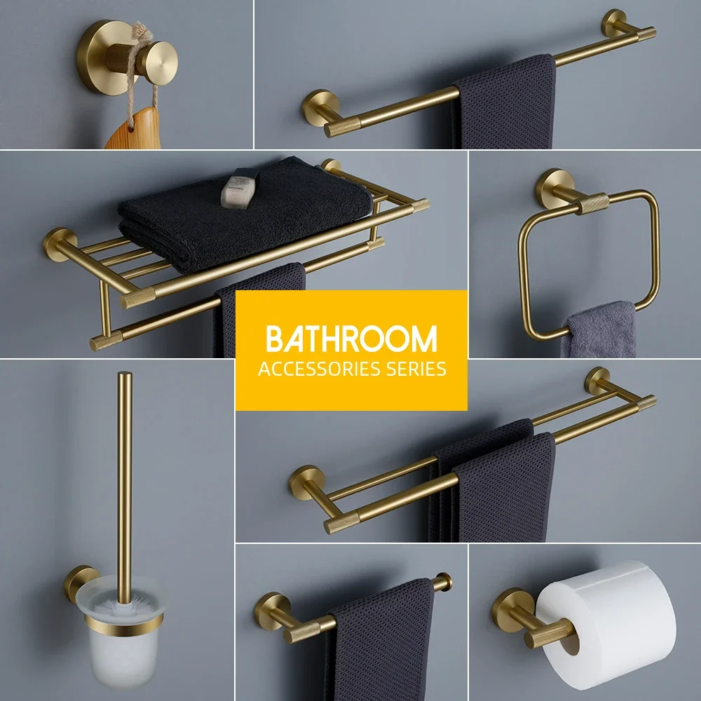 Bathroom Hardware Accessories Brushed Gold Knurled Brass Kit Towel Bar Ring Robe Hook Paper Holder Towel Ring Toilet Brush bathroom hardware set bathroom hardware accessories