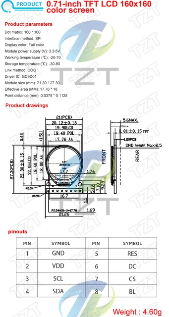 パーツ TFT TZT TFT LCDディスプレイモジュール,arduino用,0.71インチ