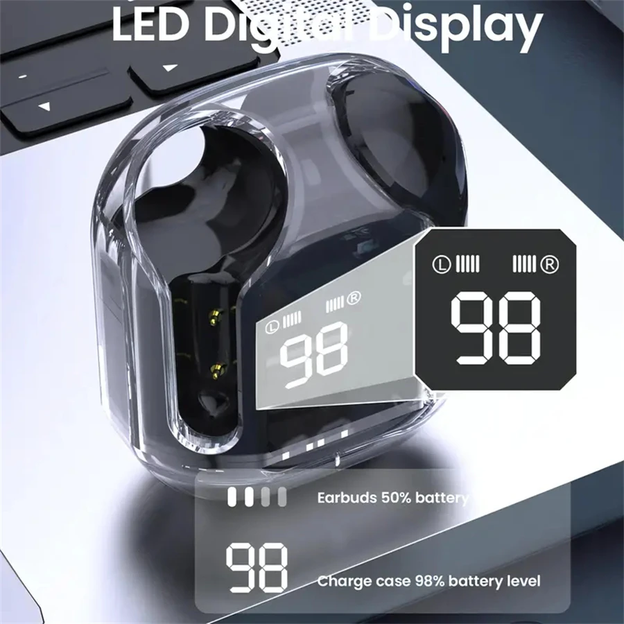 Original T2 Wireless Bluetooth Earphone Transparent HIFI Headphones LED Power Digital Display Stereo Sound Earphones for Phone 2
