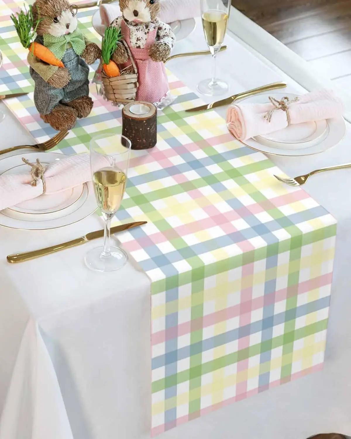 Easter Colorful Stripes Plaid Checkered Linen Table Runner Dresser Scarf Reusable Kitchen Dining Table Runner Easter Decorations 3