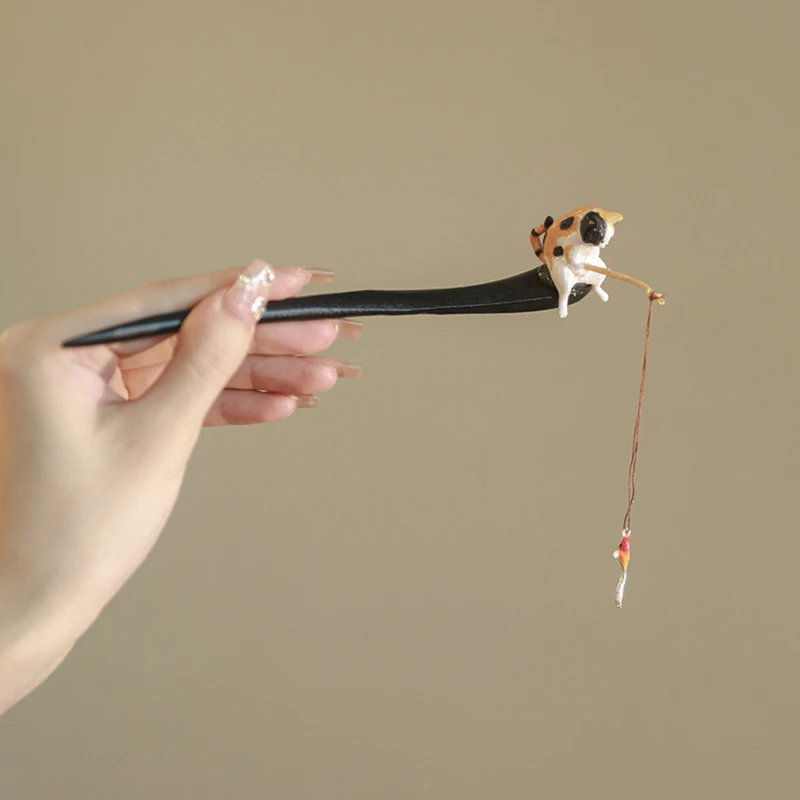 Chinese Style Wooden Hair Stick Cute Cat Fishing Tassel Hairpin Chopstick Jewelry Women Girls Hair Accessories Headwear Gift
