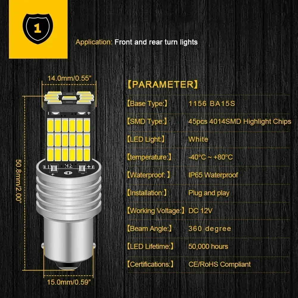2 Pcs 12V Car LED Lights Turn Signal Reverse Brake P21W 1156 BA15S Waterproof 6500K Xenon Bulb Accessories