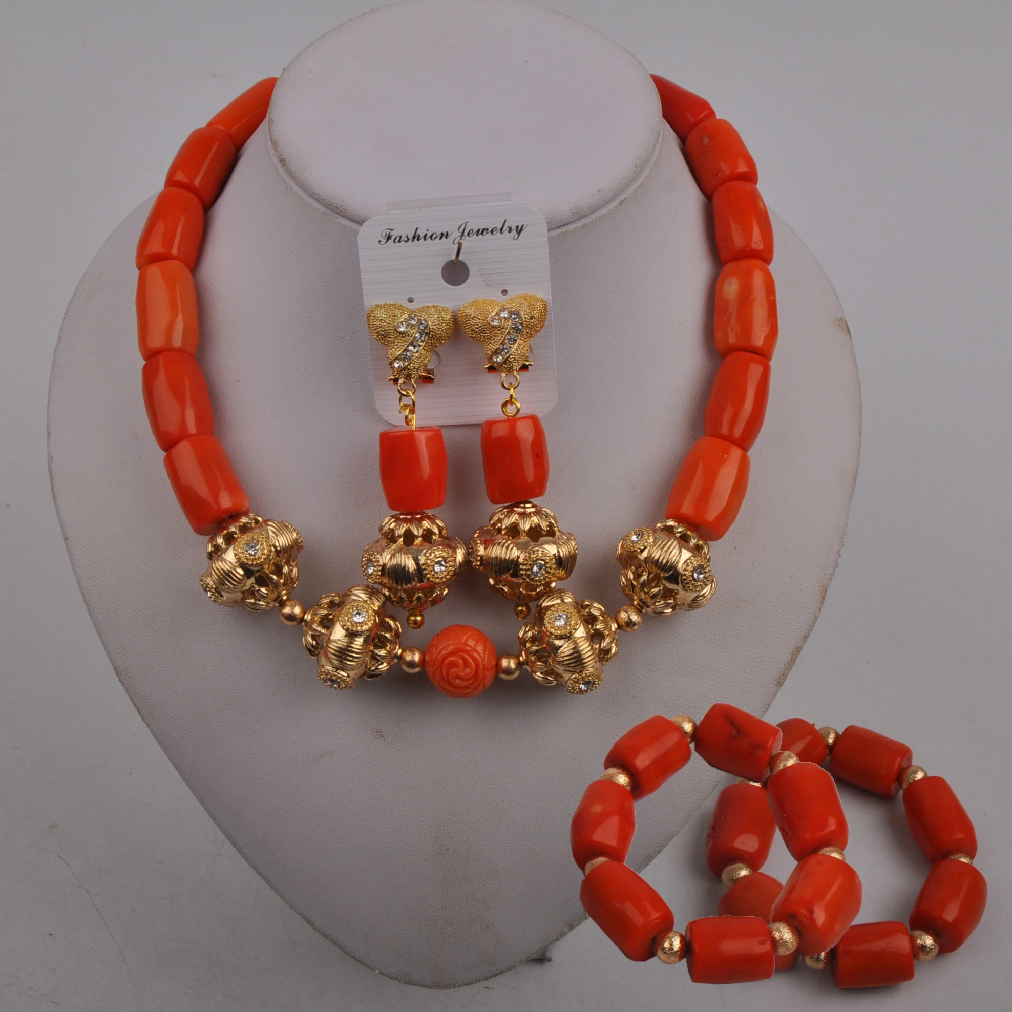 

Orange Coral Necklace African Beads Jewelry Set Nigerian Wedding Bride Jewelry 23-527DG