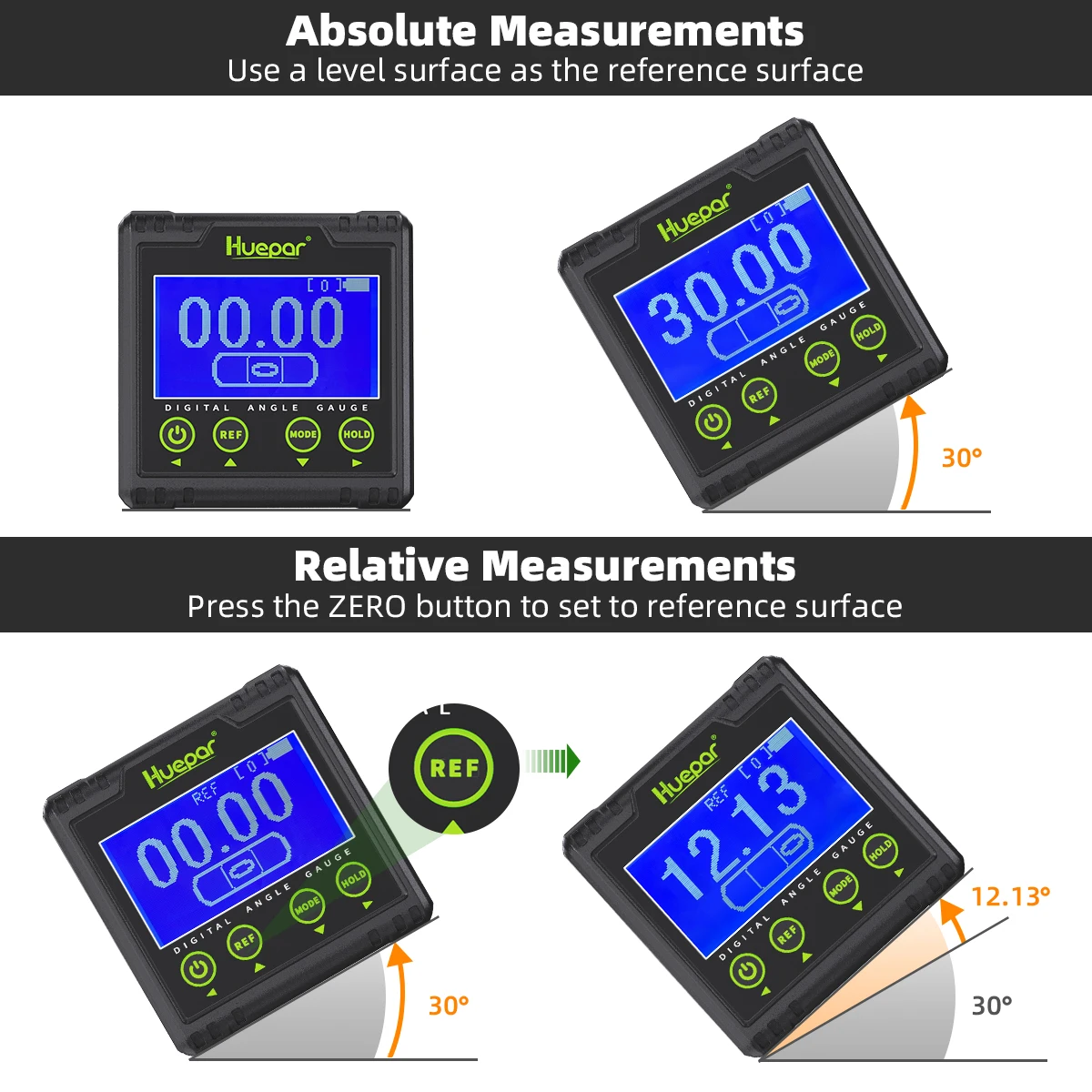 Huepar Digital Angle Gauge Electronic LCD Inclinometer Bevel 360&deg; Measuring Protractor Magnetic Base Audible Alert AG03