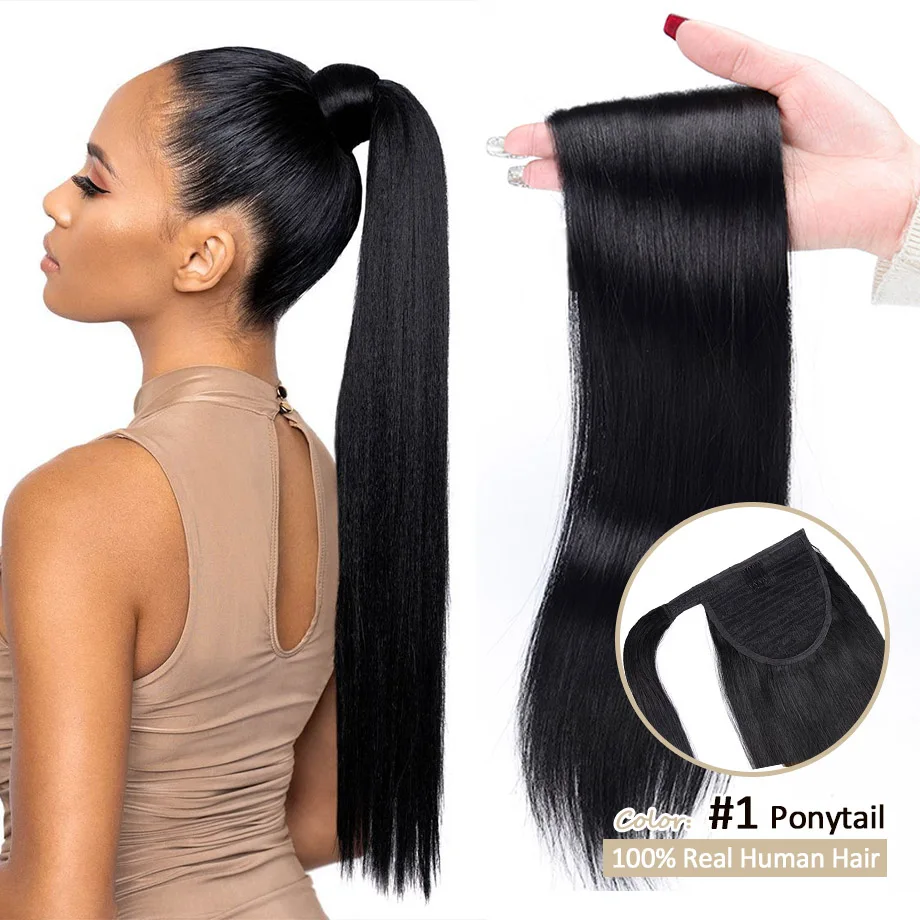 

14-22" Black Ponytail Hair Extension Human Hair 100% Remy Human Hair Straight Wrap Around Magic Paste Invisible Pony Extensions