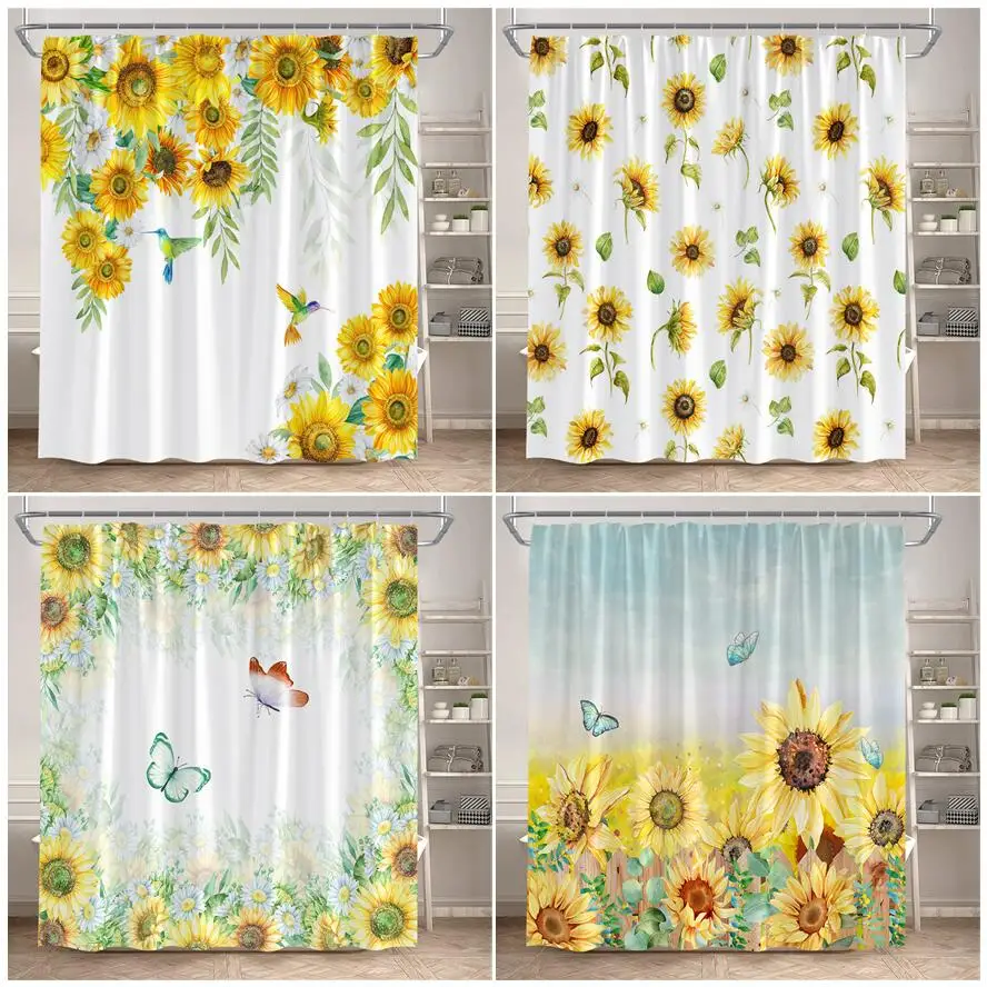 

Butterfly Sunflower Shower Curtains Rustic Plants Yellow Flowers Bath Curtain Polyester Fabric Home Bathroom Decor with Hooks