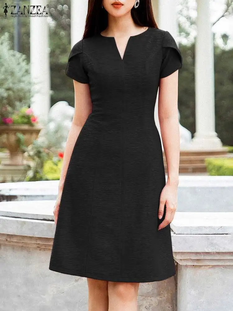 

Women Summer Party Dresses V Neck Petal Sleeve Solid Dress Black Fashion A Line Vestido ZANZEA Female Elegant Work Sundress Robe