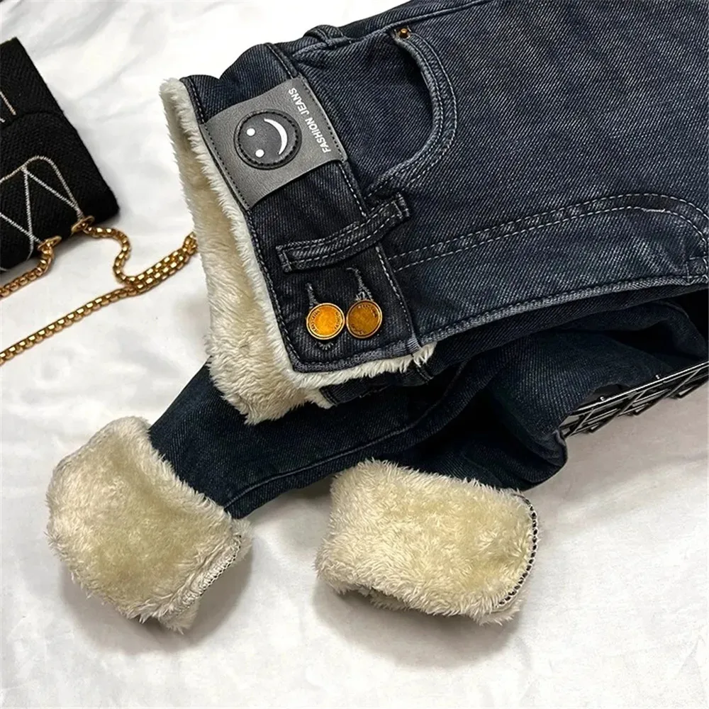 Plush Fleece Warm Thicken Slim Jeans Women Winter 90s Vintage Denim Pants High Waist Snow Plus Velvet Fur Skinny Denim Trousers