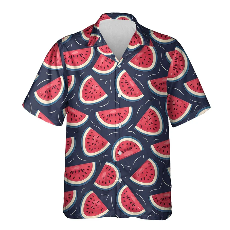 thumbnail image 1 of Camisa hawaiana con estampado de sandía para hombre, blusas con estampado 3D de frutas tropicales, blusas casuales de verano con botones, camisas Aloha de manga corta, 1 of 5