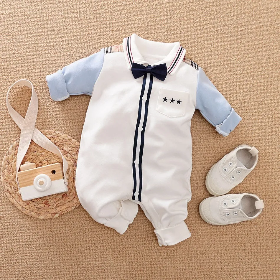 

Newborn Romper Baby Boys Bowtie Jumpsuit Infant Long Sleeve Gentleman Outfit New Born Tuxedo Suits Cotton Bow Tie Onesie 0-18M