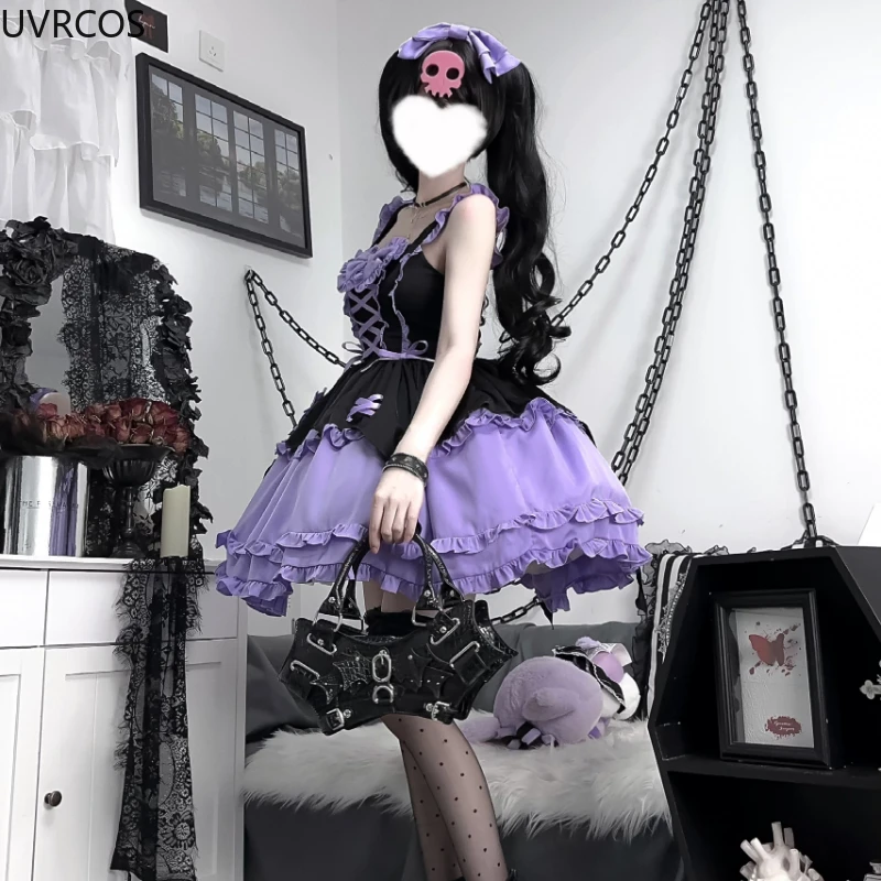 Victorian Gothic Lolita Jsk Dress Women Harajuku Y2k Bow Ruffles Evening Party Dresses Purple Punk Style Slim Bandage Cute Dress
