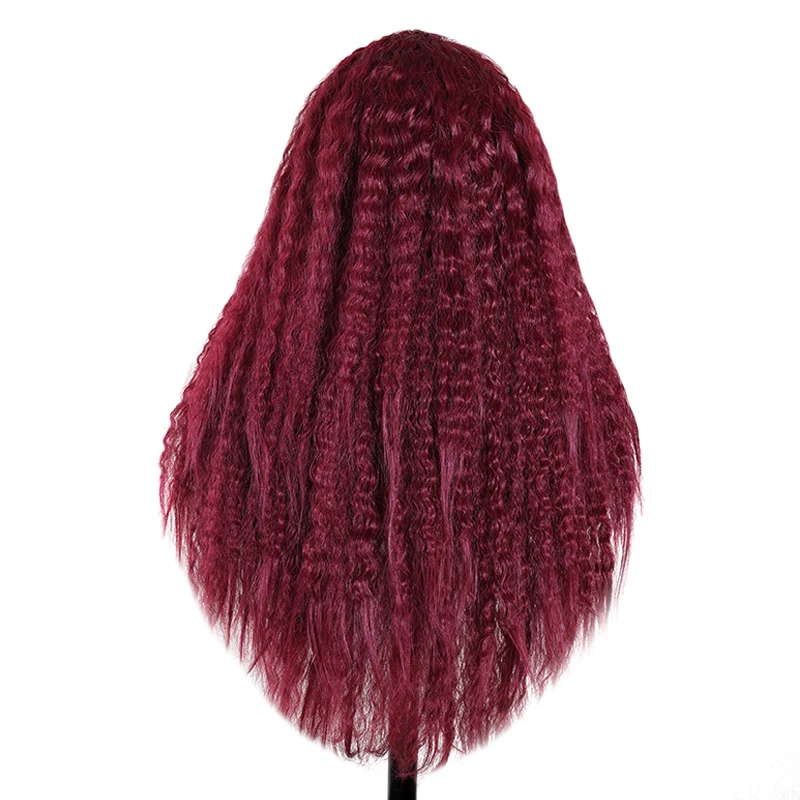 13X4 Lace Wig Kinky Straight Frontal Synthetic Wig 99J Burgundy for Women Kinky Straight Preplucked With Baby Hair Cosplay Daily