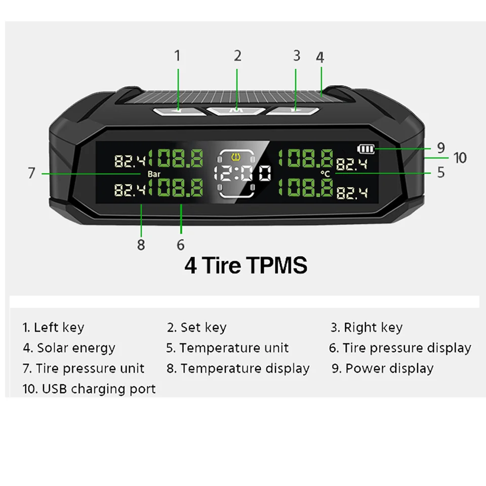 8 Bar Car TPMS Tire Pressure Monitoring System 4 Wheel Tpms Sensors Time Display Type Temperature Pressure Watches 0~ 116Psi