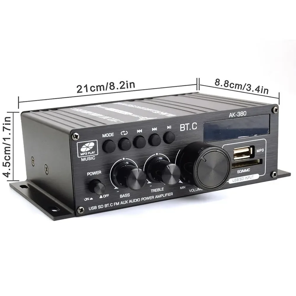 HIFI 블루투스 사운드 앰프 홈 디지털 오디오 앰프 채널, 음악 플레이어, 지지대 FM USB SD 베이스 및 트레블, AK380, 2.0, 40W + 40W