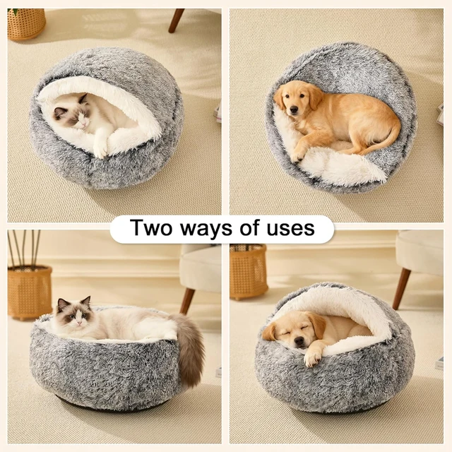 Cat Bed Round Plush Fluffy Hooded Cat Bed Cave, Cozy for Indoor Cats or Small Dog beds, Soothing Pet Beds Doughnut 3