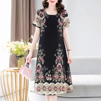 New Fashion 2025 Summer Dress For Long Vintage Loose Women Elegant Short Sleeve Casual O-neck Dresses Print Woman Clothing