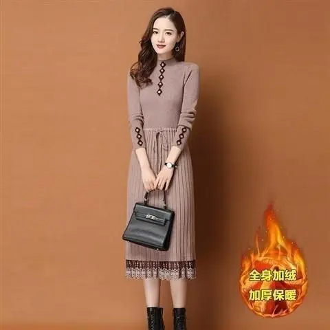 

Long sleeve Dress Autumn Winter Half High neck Slim Fit Sweater Women Over-the-knee Knitted Elegant T43