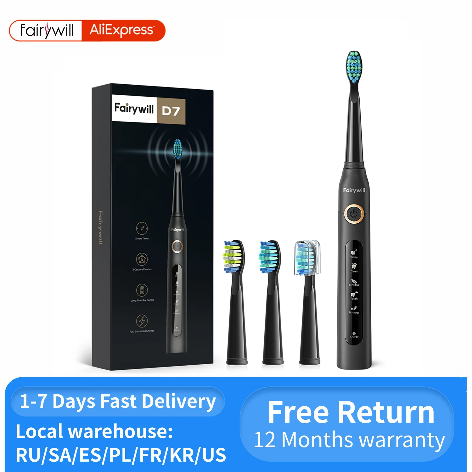 Fairywill Electric Sonic Toothbrush USB Charge FW-507 Rechargeable Waterproof Electronic Tooth Brushes Replacement Heads Adult gezhou n100 sonic electric toothbrush usb charge rechargeable waterproof electronic tooth brushes replacement heads adult