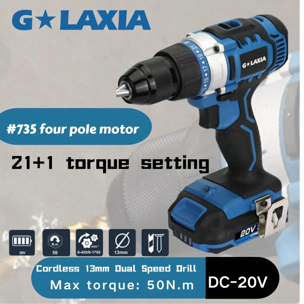 

20V Cordless Impact Drill 13mm Electric Screwdriver Lithium Battery Dual Speed Drill Multifunctional Power Tools with 50 Torque