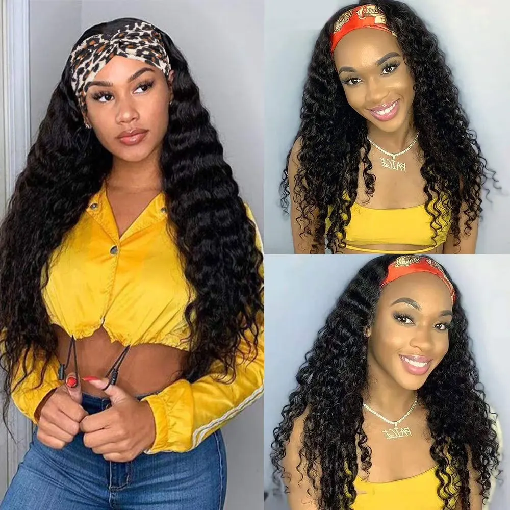 Headband Wigs Human Hair Deep Water Wave Human Hair Wigs 200% No Lace No Glue Machine Made Wig Beginner Friendly Curly Wigs