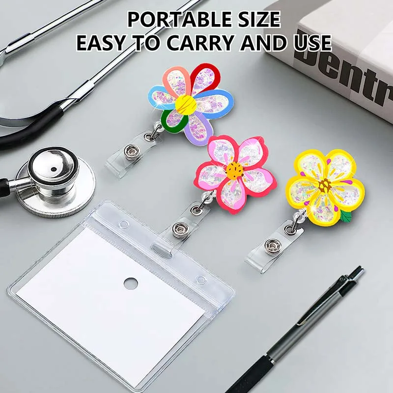 New Quicksand Acrylic Candy Color Flowers Badge Reel Retractable ID Badge  Holder With 360 Rotating Alligator Clip Name Holder